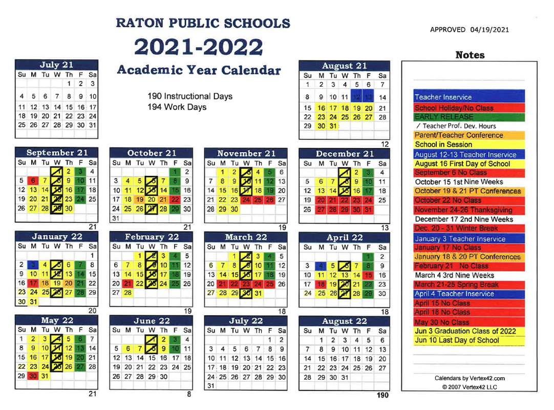 2021-22 Raton Public School District Calendar