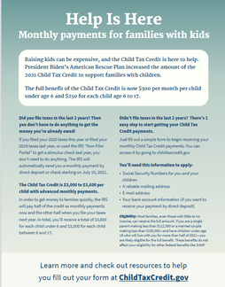 Child Tax Credit Flyer information in English, directing people to ChildTaxCredit.gov