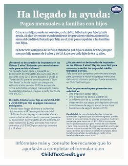 Child Tax Credit Flyer information in Spanish, directing people to ChildTaxCredit.gov